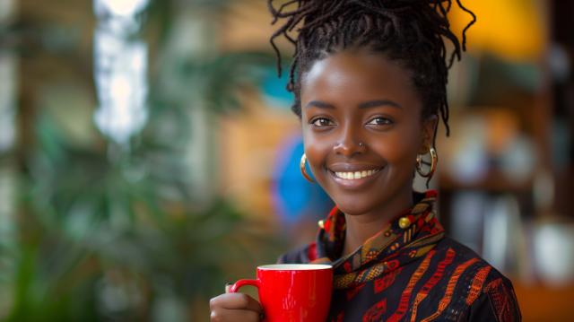 kvinde smiler og holder en rød kop kaffe